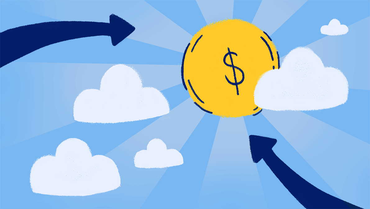 The sun has a dollar sign in the middle. Rays of sunlight shoot out into a blue sky with clouds.
