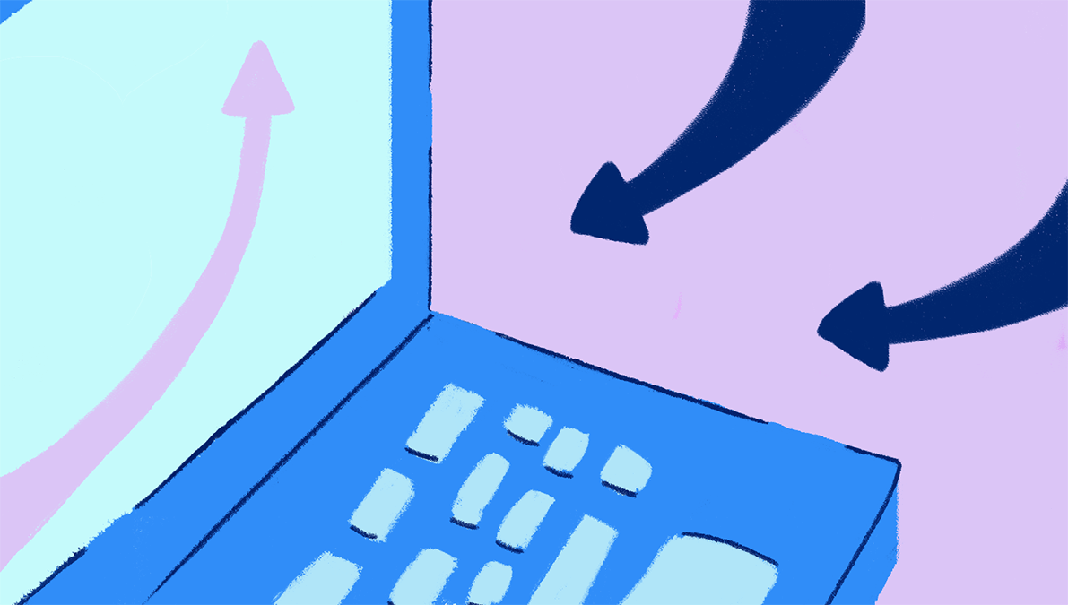 Arrows pointing to a blue laptop.